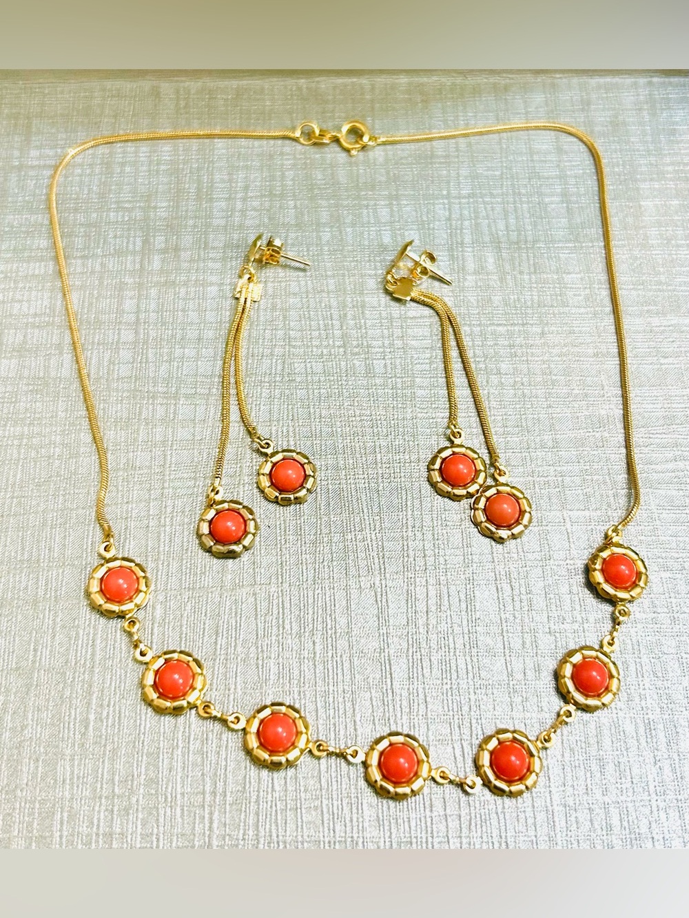 Vintage Gold plated Choker  16in & Drop Earrings Set with Real Orange Corals